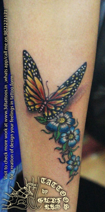 coloured bytterfly 3d tattoo made by best tattoo artist in india, best tattoo artist in manali